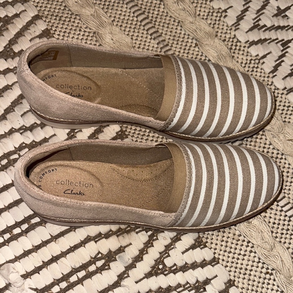 Clarks Women's Striped Slip-On Shoes - Brown and White